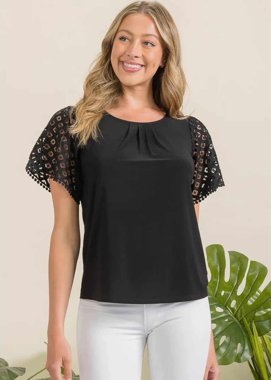 Perseption Illusion Crochet Lace Scallop Pleat Fashion Tee