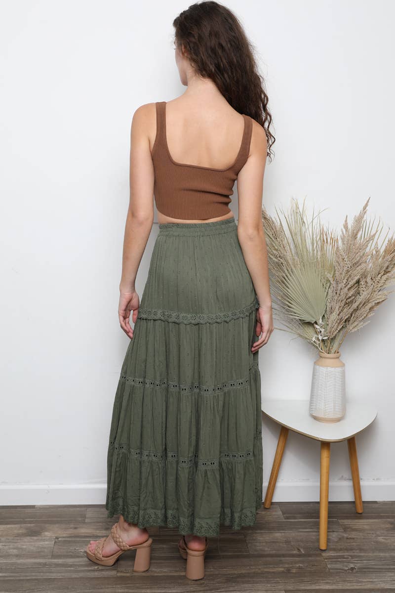 Angie Asis Tiered Maxi Skirt With Lace Trim & Slit