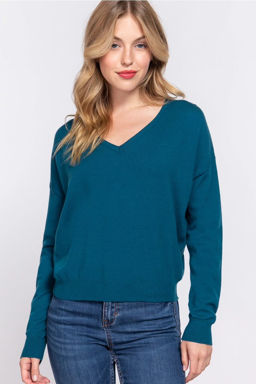 Active Basic Long-Sleeve V-neck Back Cross Strap Viscose Sweater
