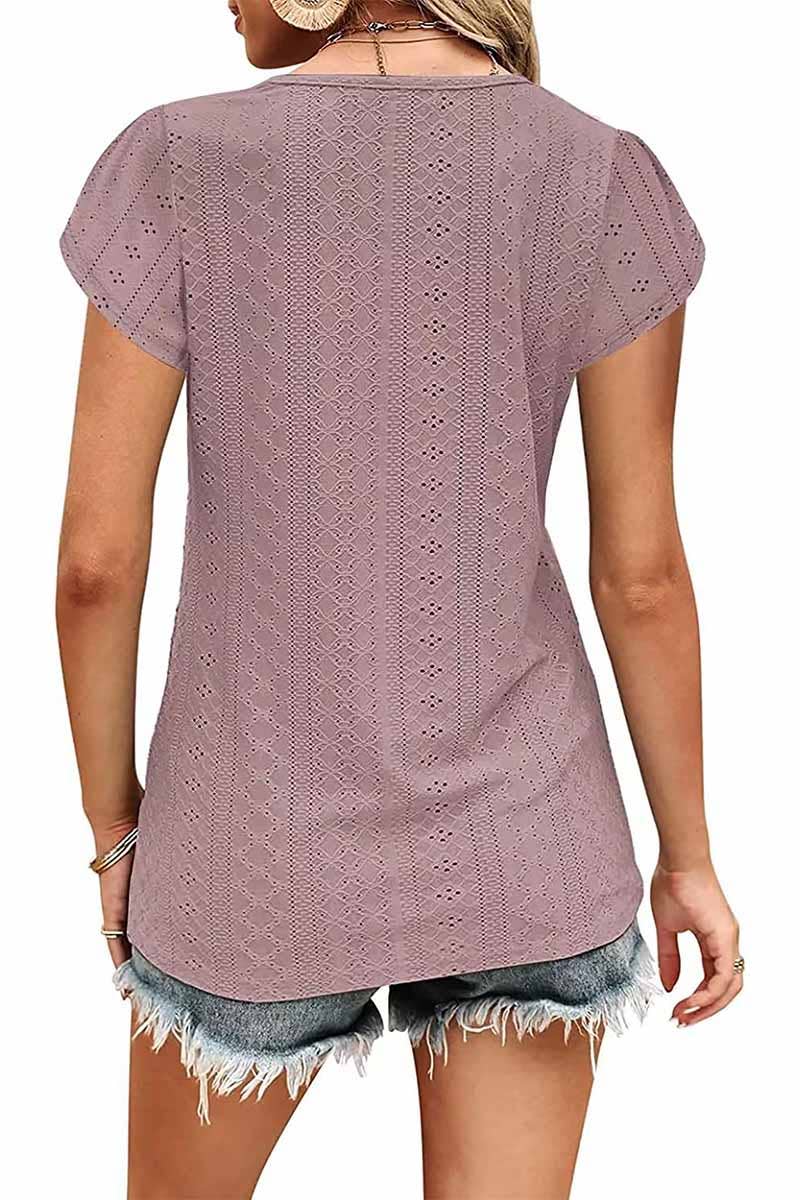 Lily Clothing Buckled V-Neck Lace Tulip Sleeve Tee