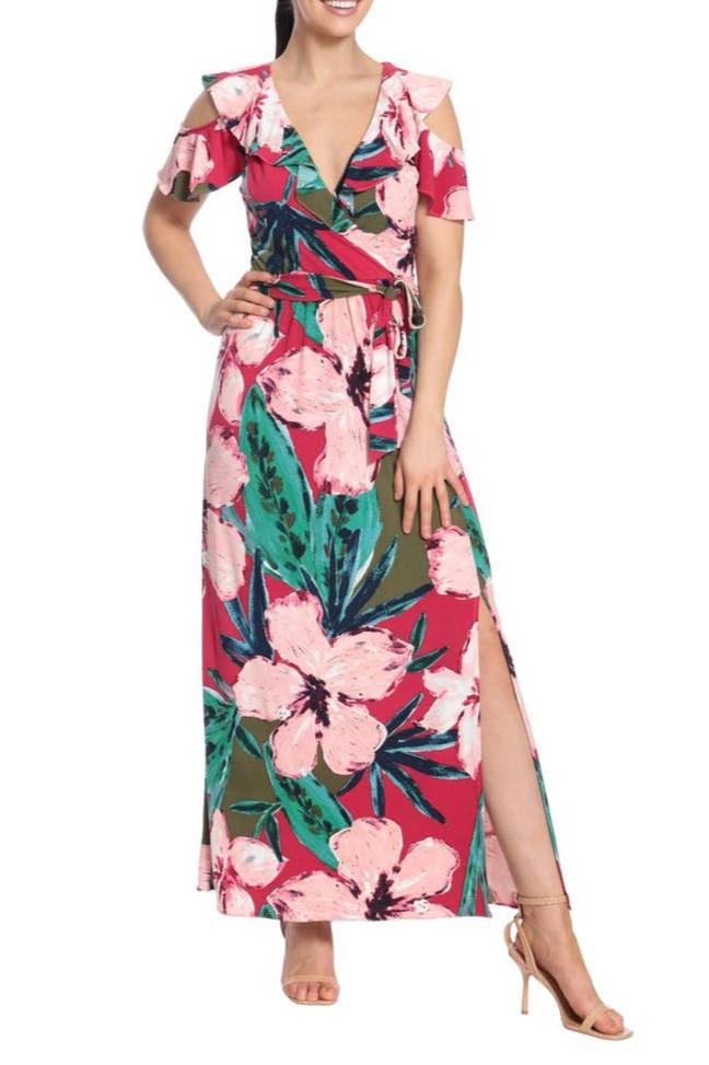 New Yorker's Apparel Ruffle Cold Shoulder Front Slit Maxi Dress
