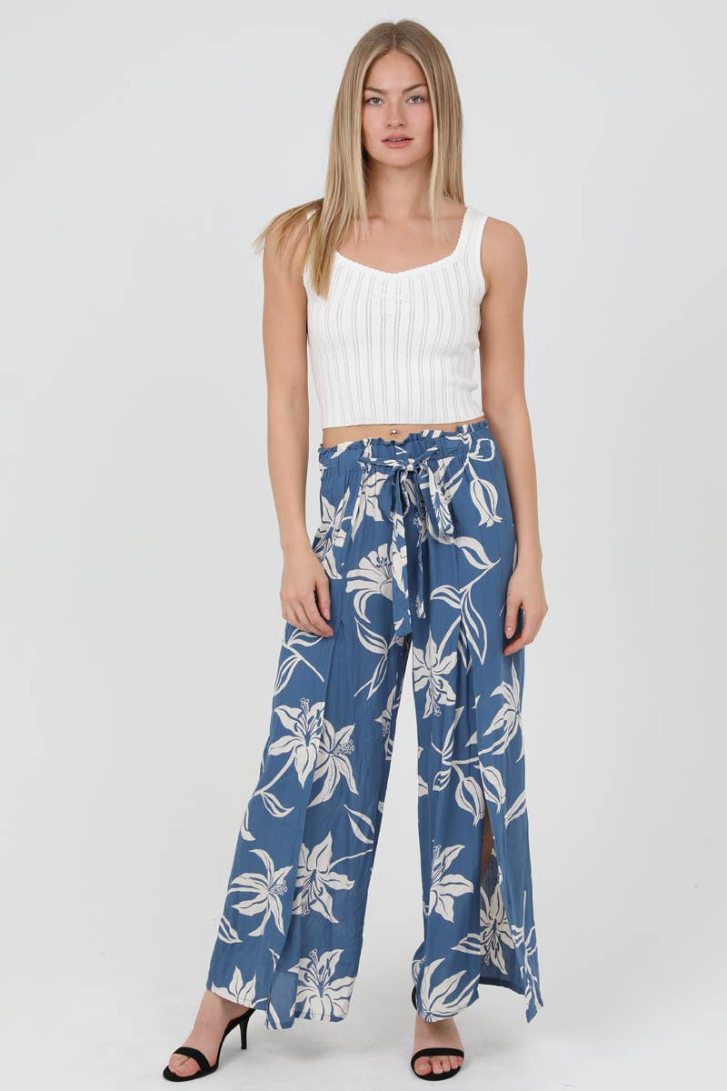 Blue Floral print Split Leg Pants