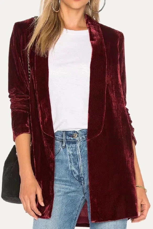 The Moment Collection Velvet Solid Open Front Lightweight Blazer. Fall Clearance!