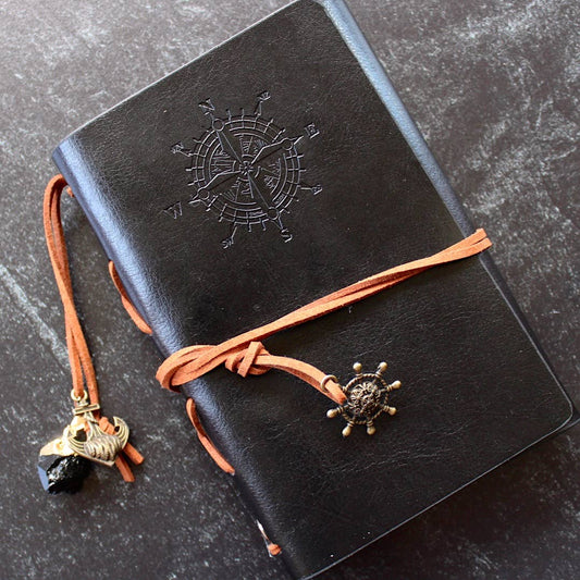 Leather Notebook w/ Crystal Accent - (Crystals and Stones): Black Cover w/ Black Tourmaline