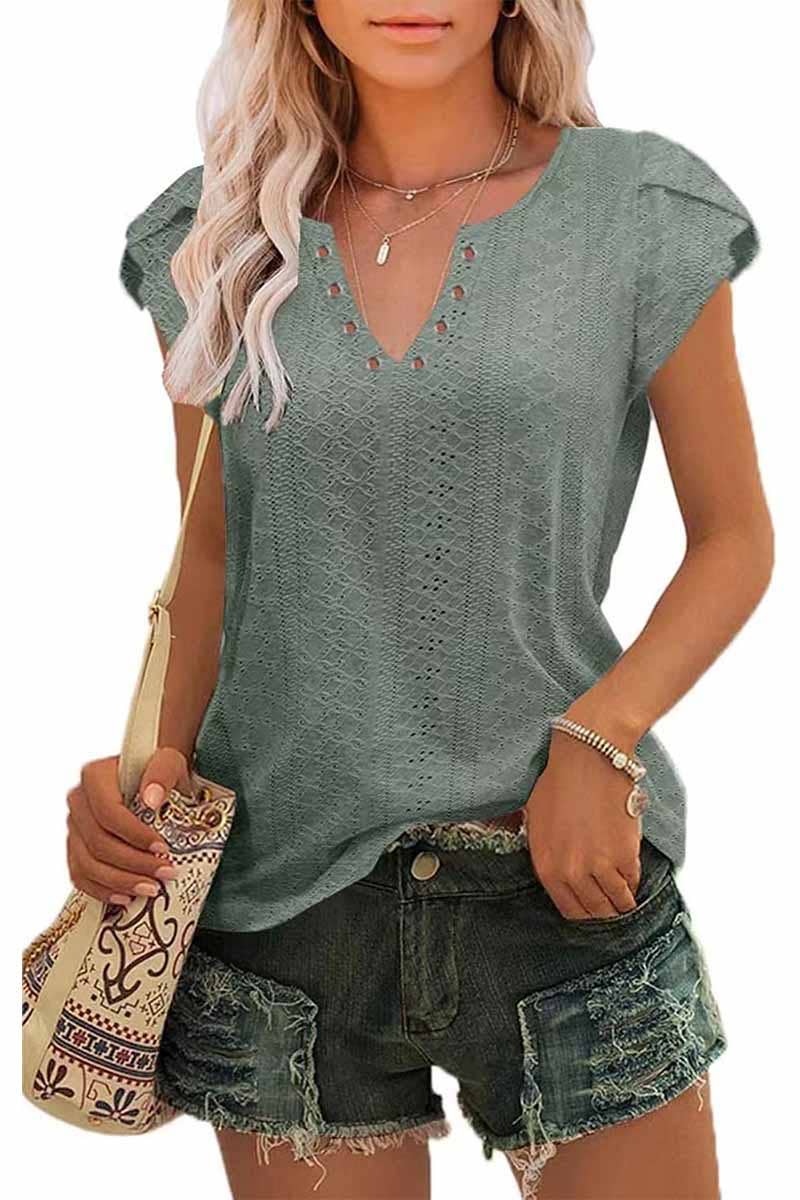Lily Clothing Buckled V-Neck Lace Tulip Sleeve Tee