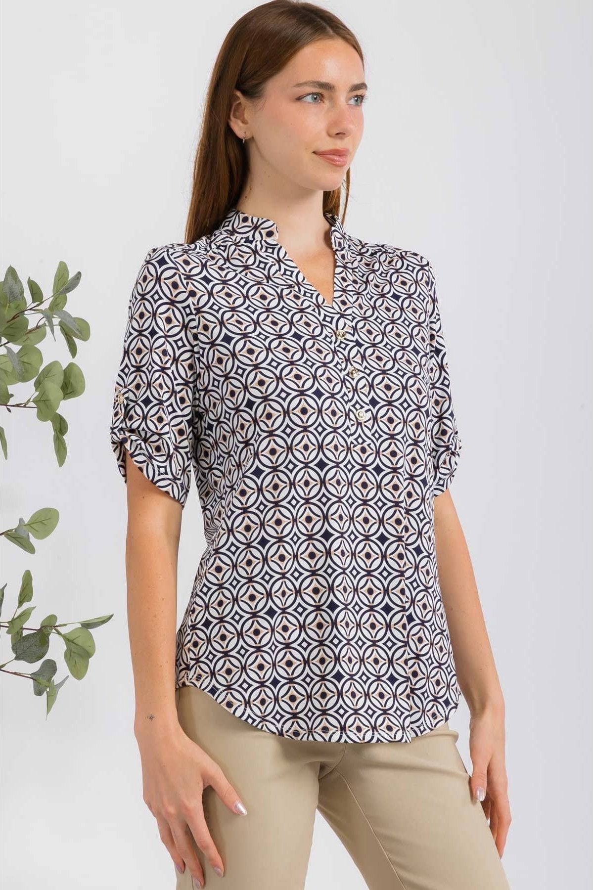 Perseption Mandarin Half Placket Roll Tab Shirt