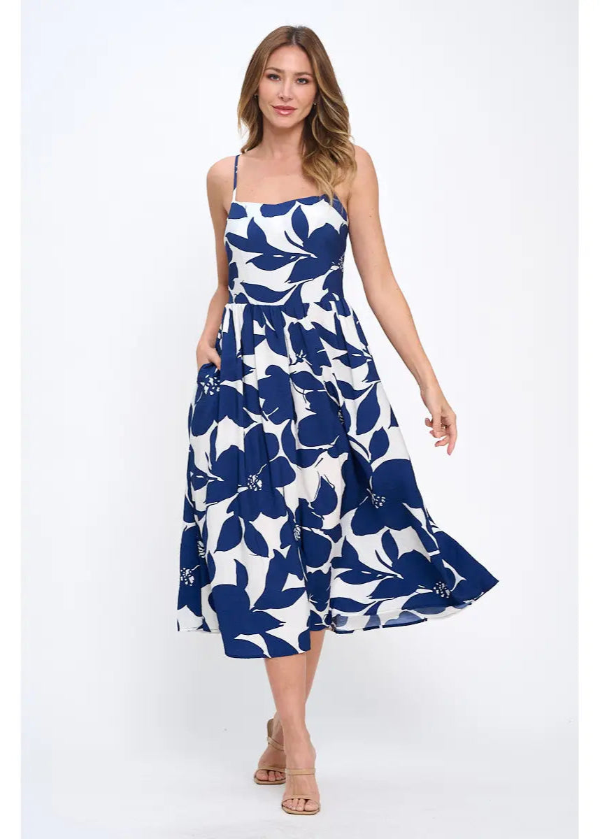 Renee C. Made in USA Floral Print Midi Sleeveless Dress with Pockets