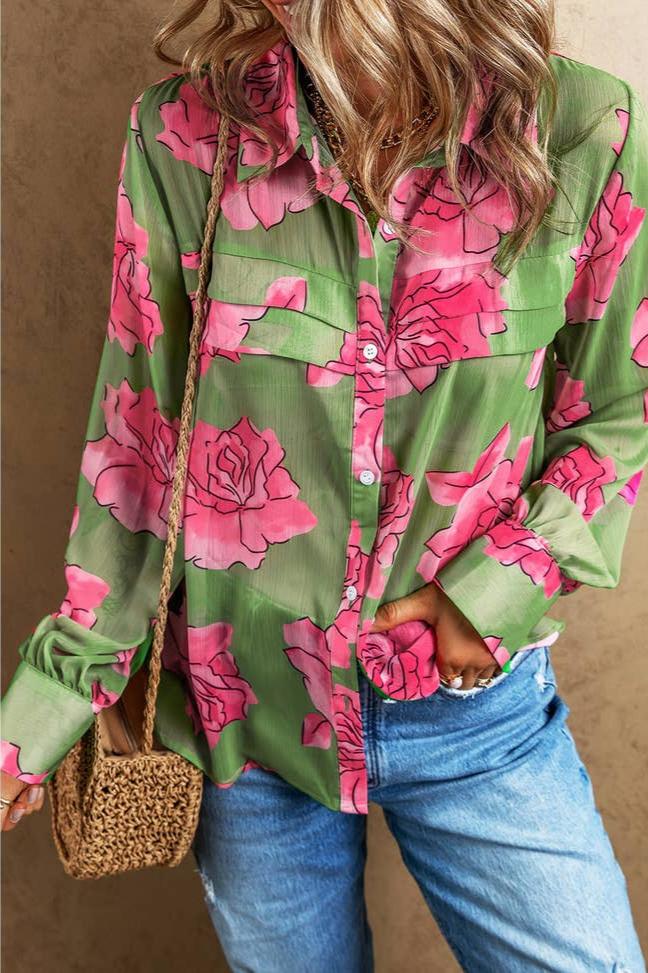 Pink Roses- Green Floral Print Pleated Detail Puff Sleeve Shirt