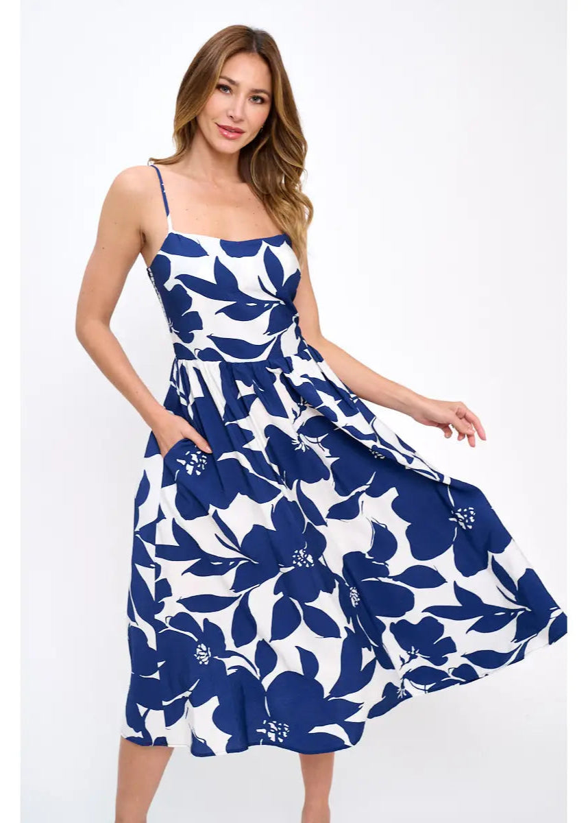 Renee C. Made in USA Floral Print Midi Sleeveless Dress with Pockets