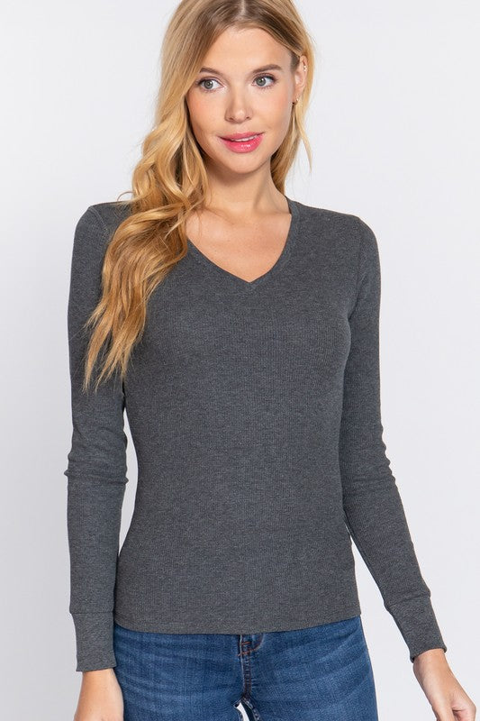 Active Basic Long Sleeve V-Neck Thermal Knit Top