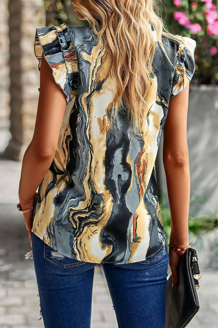 Anna Kaci Split V-Neck Ruffle Sleeve Blouse