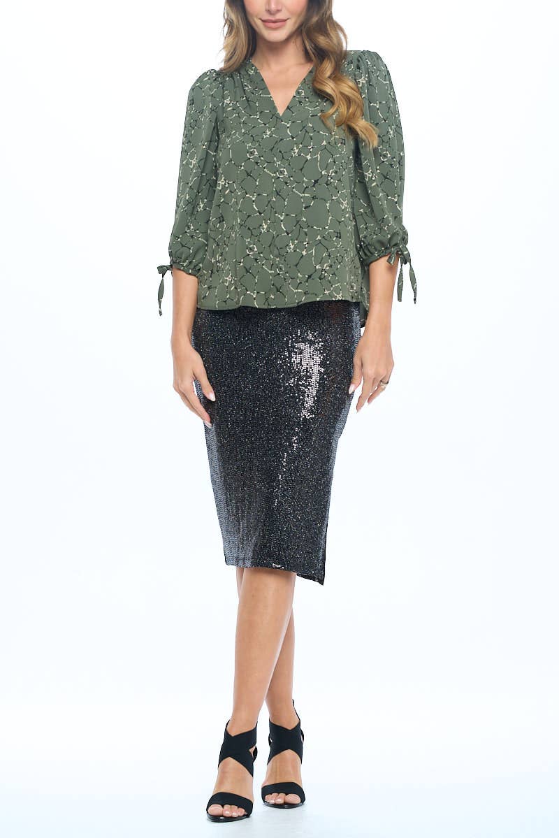 Renee C. Abstract Print V-Neck Top With Self Tie Sleeves