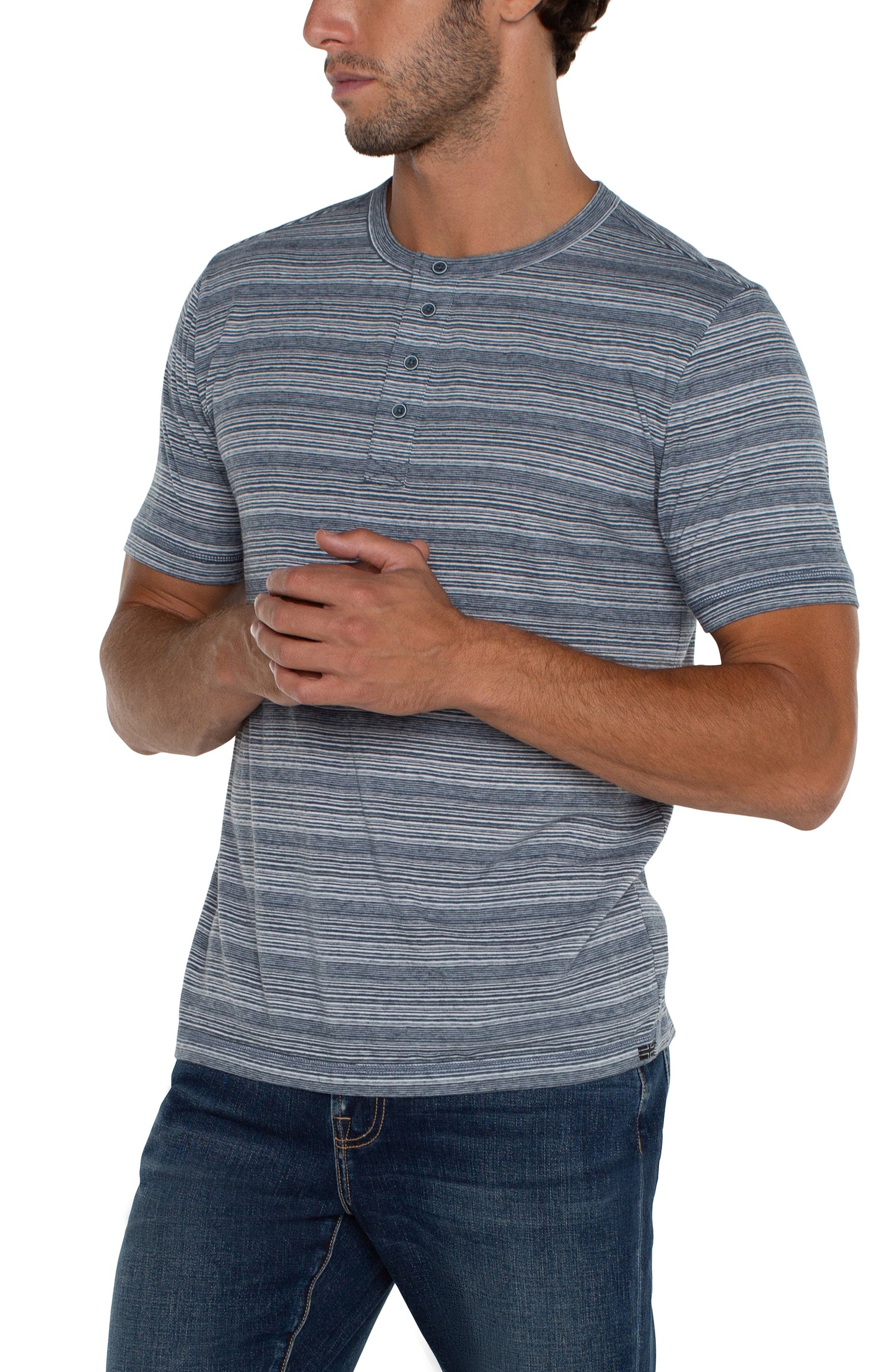 Blue Striped Short Sleeve Henley by Liverpool