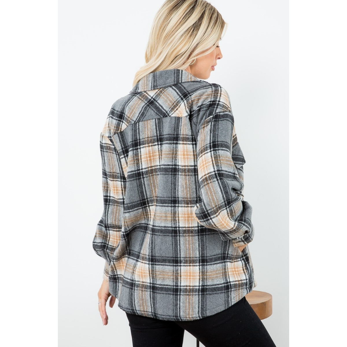PLAID BUTTON-DOWN SHACKET- Grey - Last one Left*