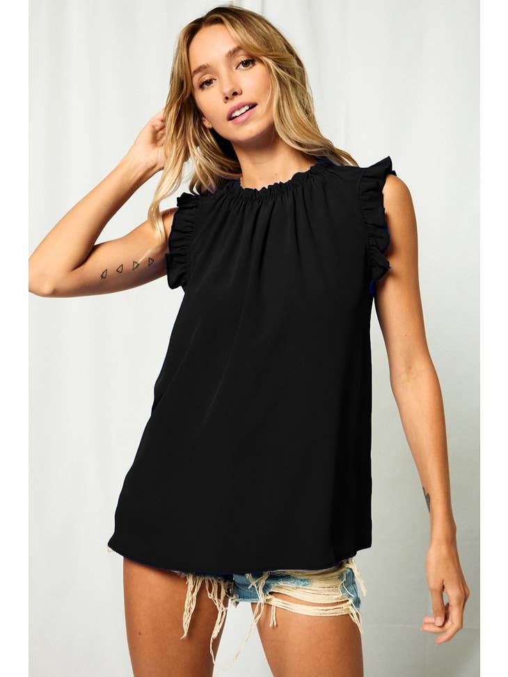 Ces Femme Solid Shirring Neck Sleeveless Top. Fall Clearance!