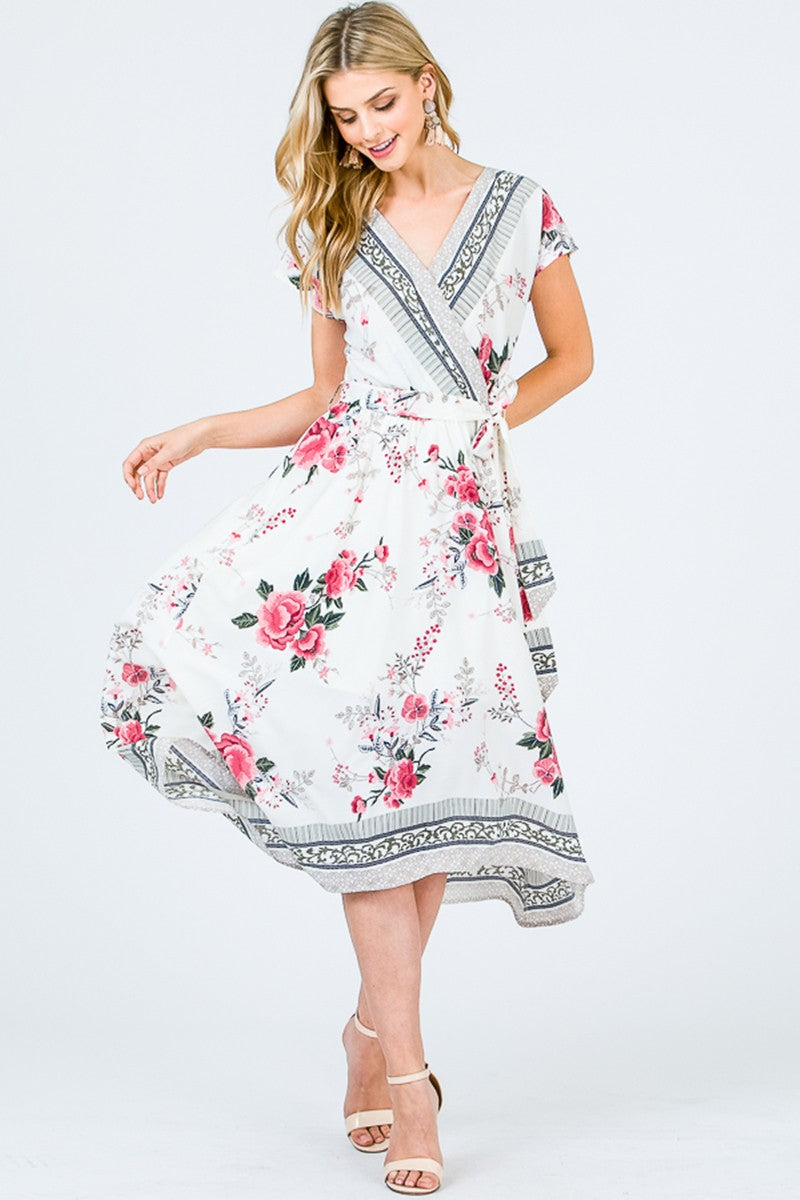 Floral Hi-low dress with belt & pockets