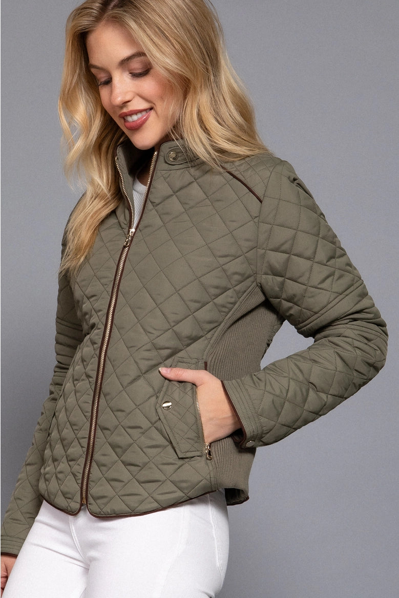 Active Basic Suede Piping Detail Rib Quilted Padding Jacket