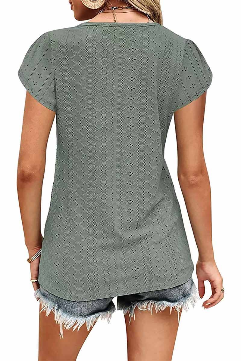 Lily Clothing Buckled V-Neck Lace Tulip Sleeve Tee