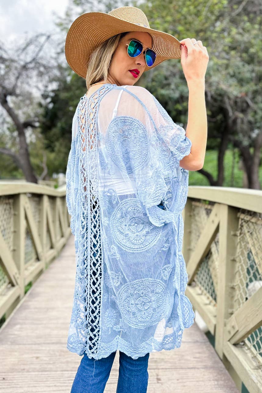 Blue Floral Lace Sheer Open Front Kimono Cover Up: One Size