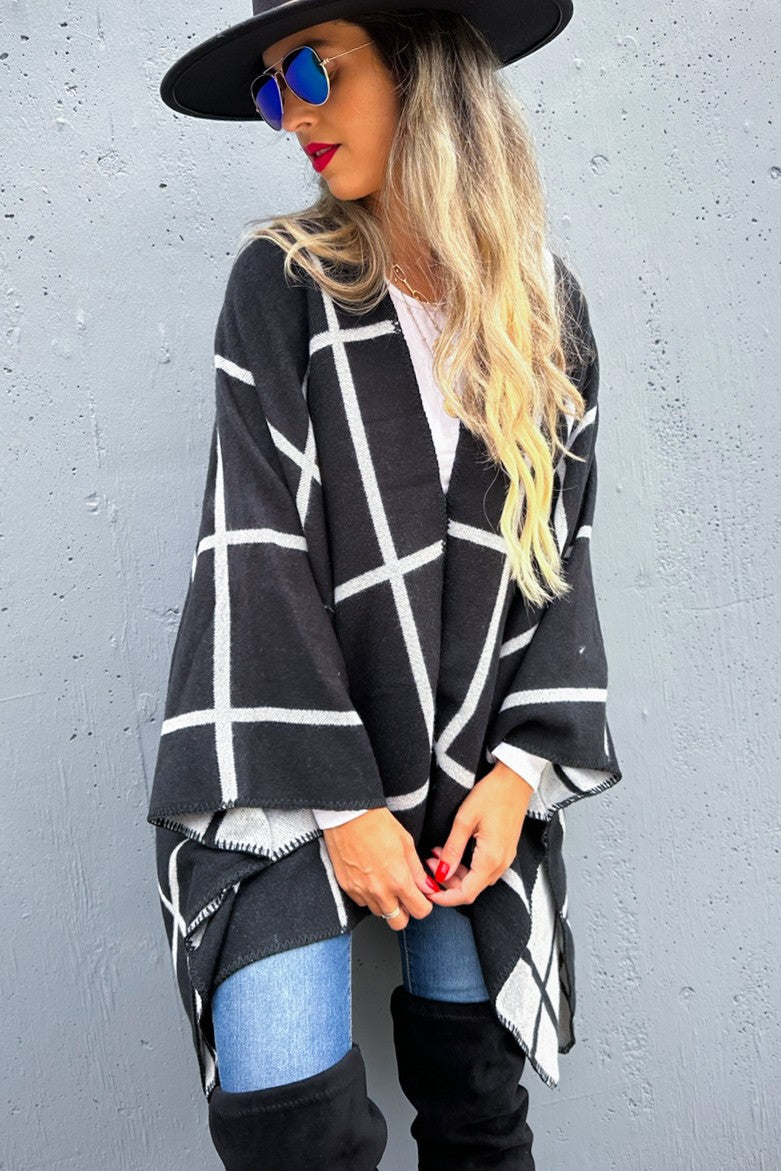 Amoli Black Grey Check Printed Cozy Reversible Ruana