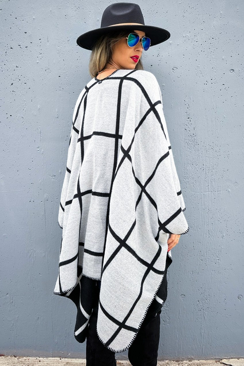 Amoli Black Grey Check Printed Cozy Reversible Ruana