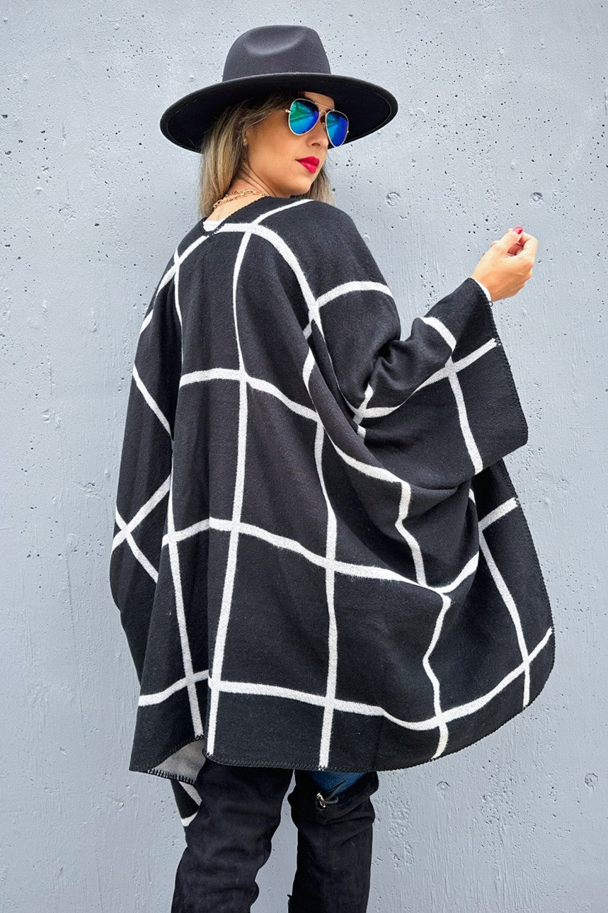 Amoli Black Grey Check Printed Cozy Reversible Ruana