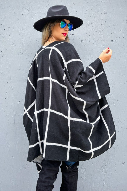 Amoli Black Grey Check Printed Cozy Reversible Ruana