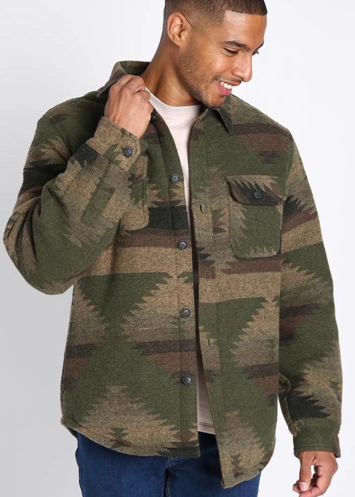 Jachs Olive Aztec Sherpa Lined Wool Blend Shirt Jacket