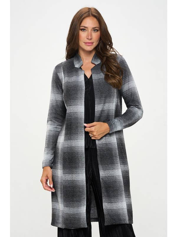 Plaid Open Front Coat with Collar - Charcoal