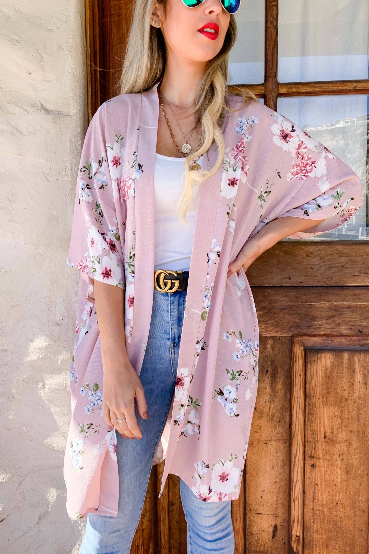 Rose Floral Printed Kimono Cover Up Cardigan: Rose / One Size