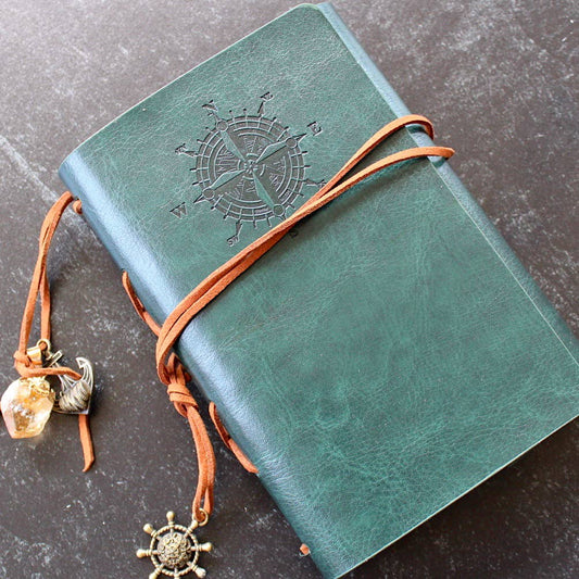 Leather Notebook w/ Crystal Accent - (Crystals and Stones): Green w/ Citrine Crystal