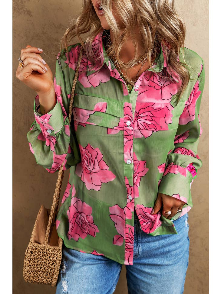 Pink Roses- Green Floral Print Pleated Detail Puff Sleeve Shirt