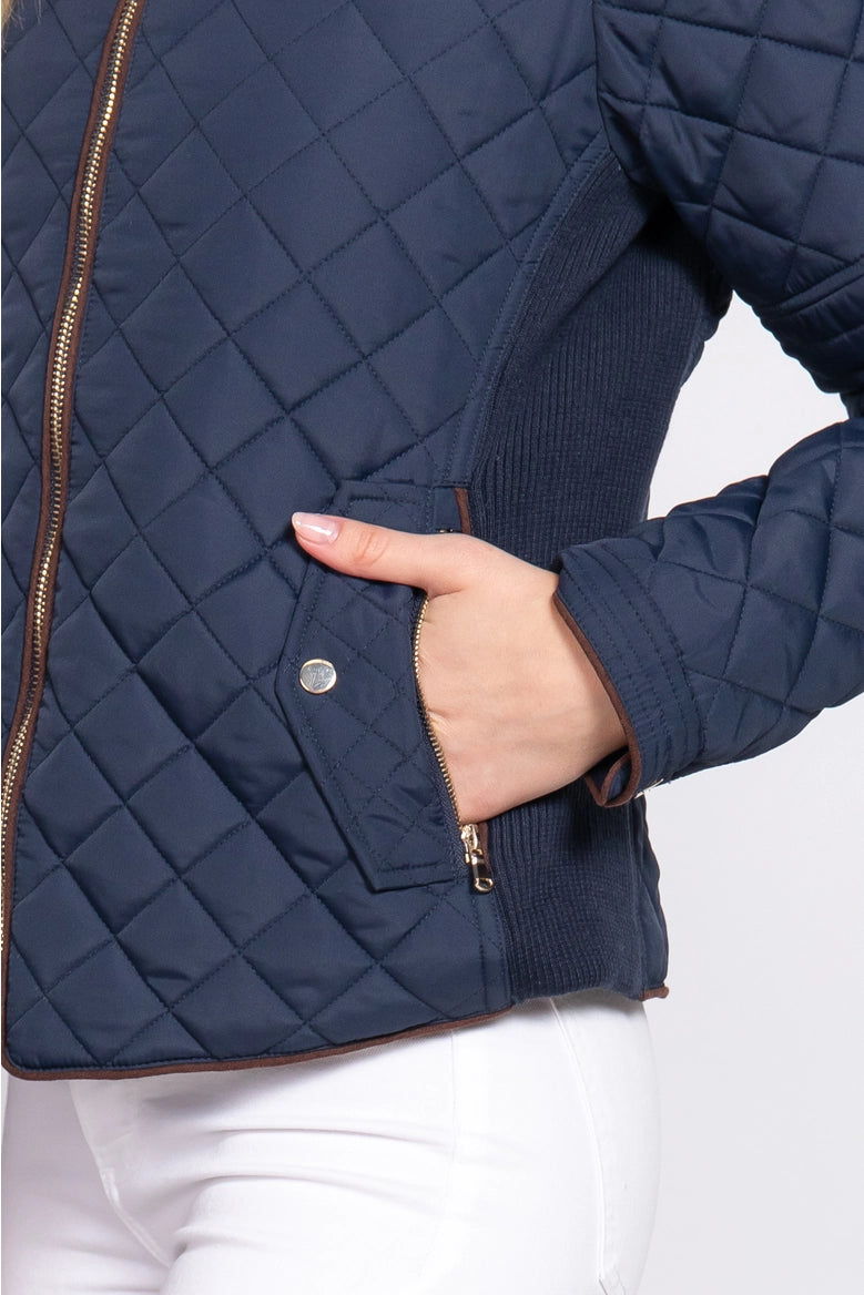 Active Basic Suede Piping Detail Rib Quilted Padding Jacket