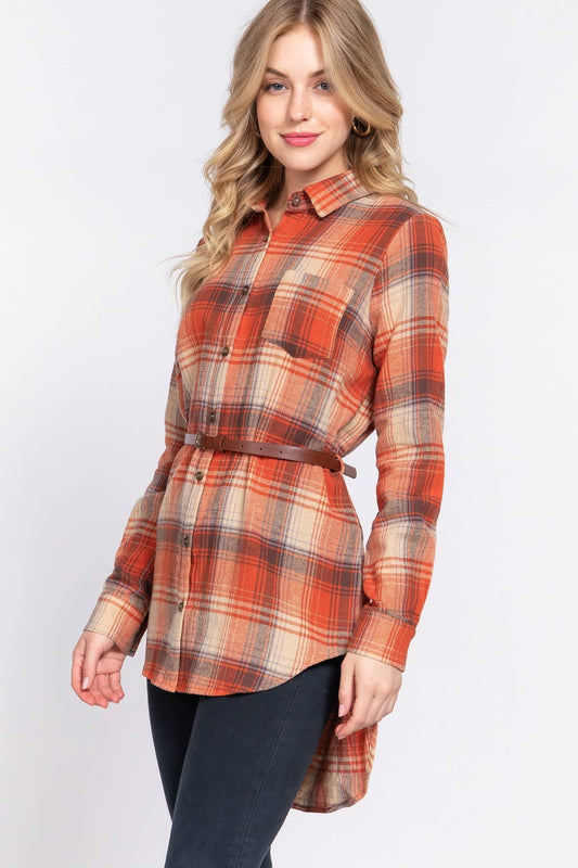 Active Basic Long Sleeve Plaid Tunic Shirt With Belt