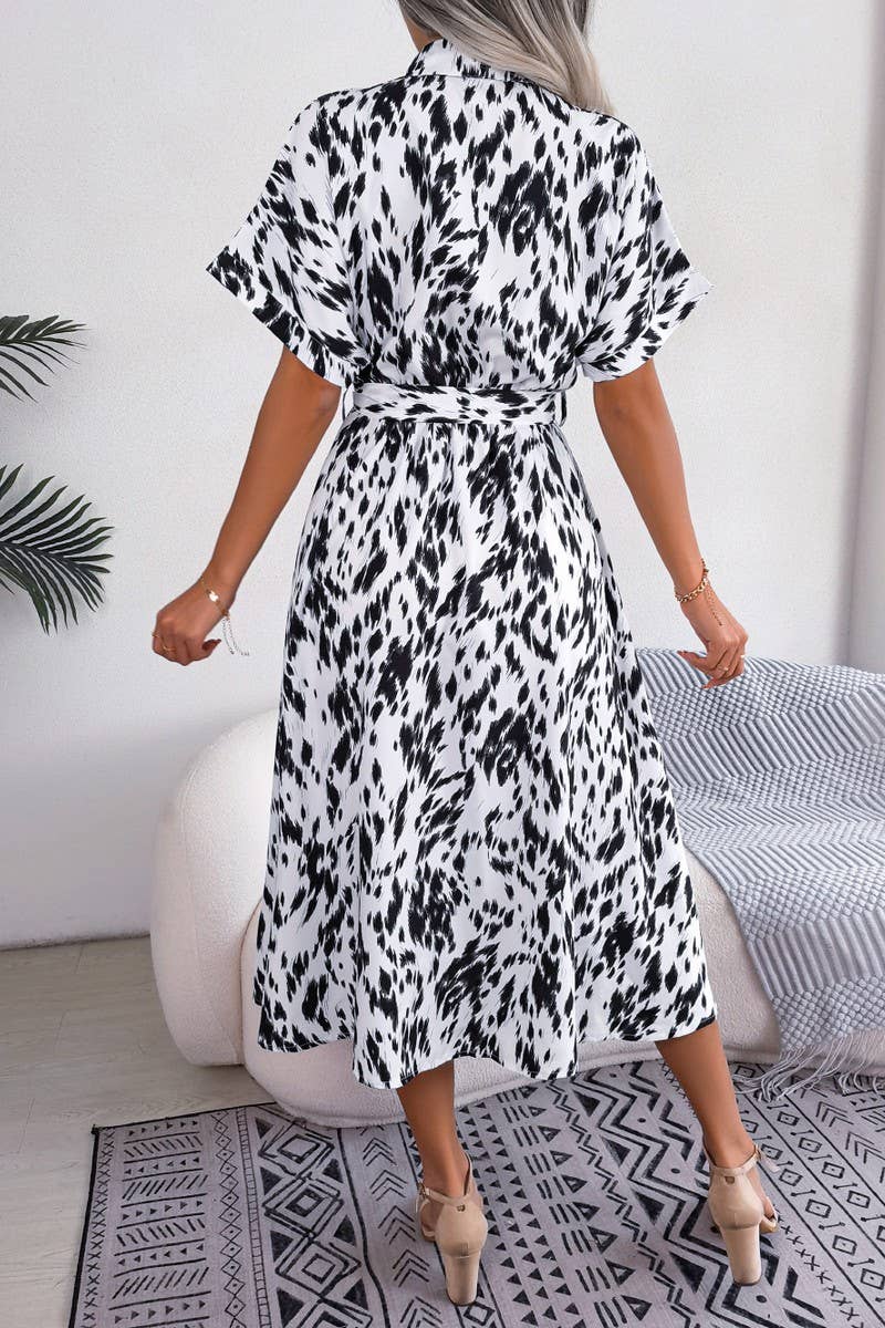 CASUAL LOOSE LEOPARD PRINT LACE UP SHIRT DRESS