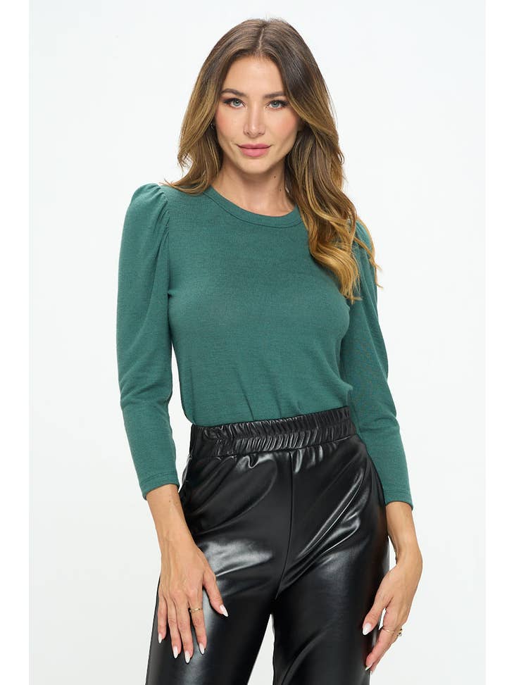 Great in Green - Brushed Knit Top with Puff Sleeve