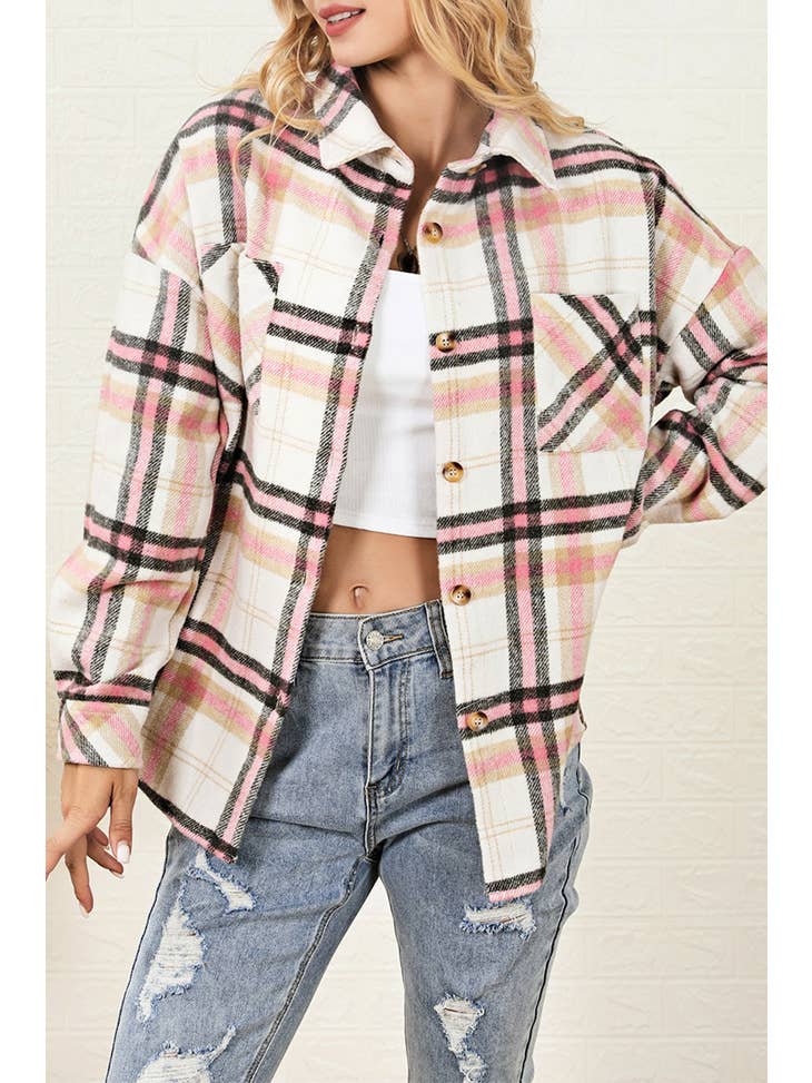 Pink Plaid - Button Front Chest Pocket Shacket