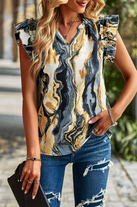 Anna Kaci Split V-Neck Ruffle Sleeve Blouse