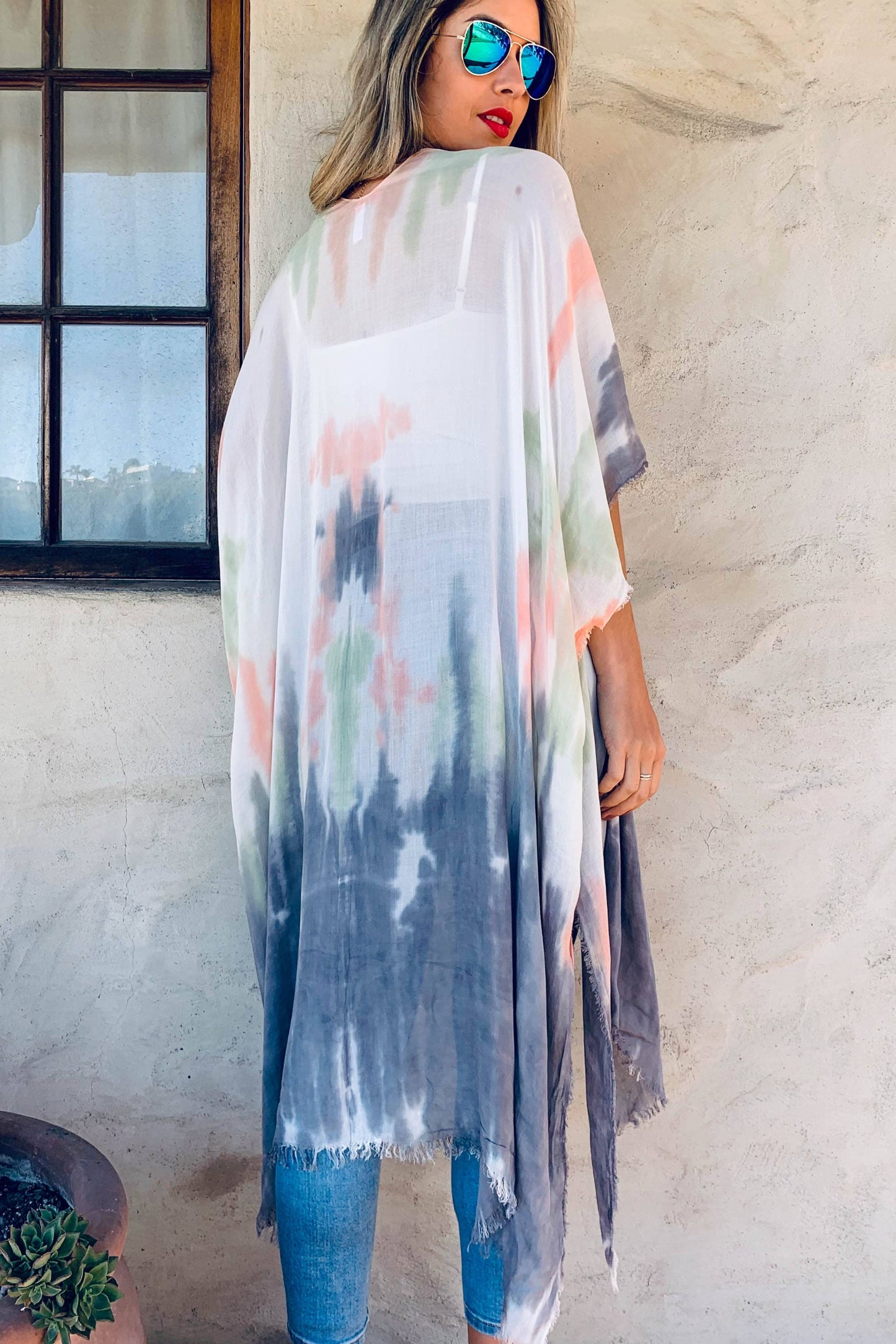 Multi Tie Dye Printed Kimono Cardigan with Fringe: One Size