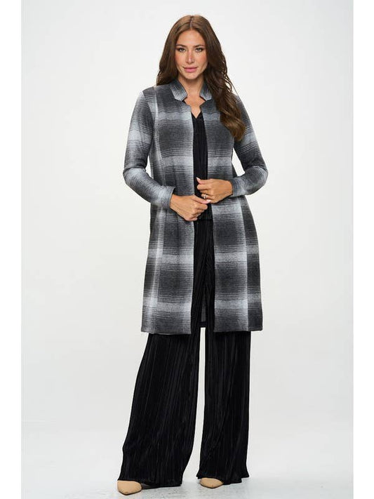 Plaid Open Front Coat with Collar - Charcoal