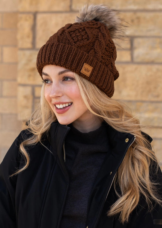 Panache Apparel Co. Fleece-lined Brown Cable Pom Hat