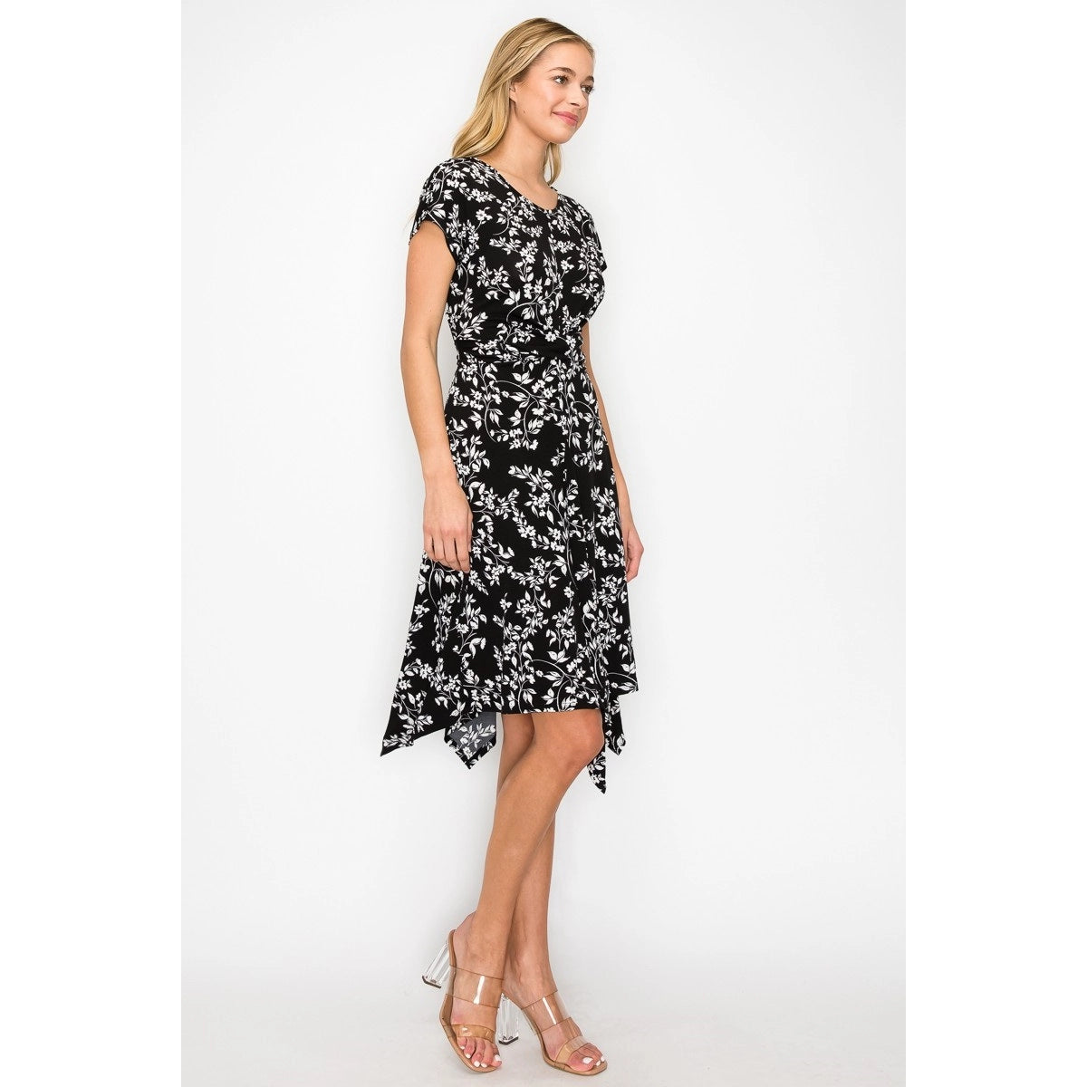 Perseption Printed Rouched Waist Hanky Hem Short Sleeve Dress