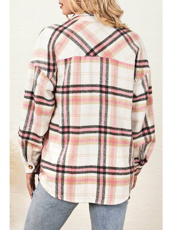 Pink Plaid - Button Front Chest Pocket Shacket