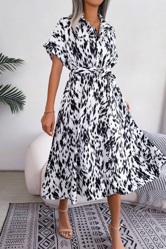 CASUAL LOOSE LEOPARD PRINT LACE UP SHIRT DRESS