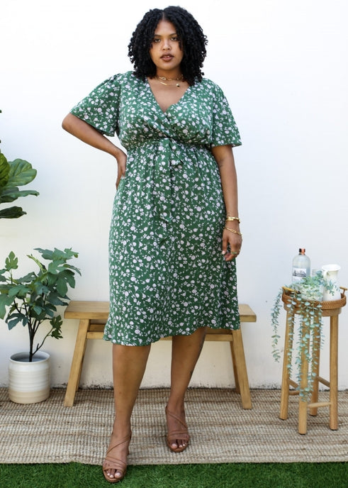 Meadow of Flowers- Green Maxi Dress with Floral Print - Curvy Girls