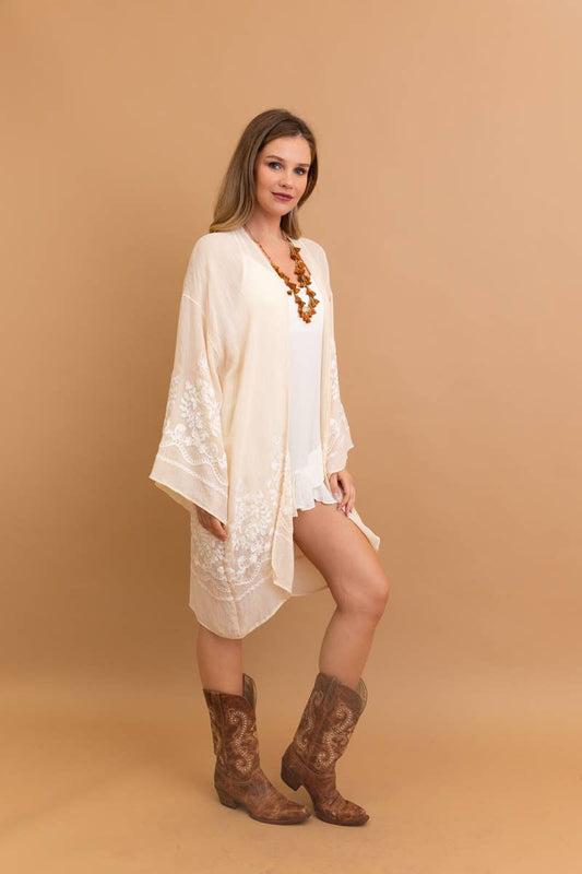 Embroidered Floral Vine Lightweight Kimono - Bell Sleeves: Cream