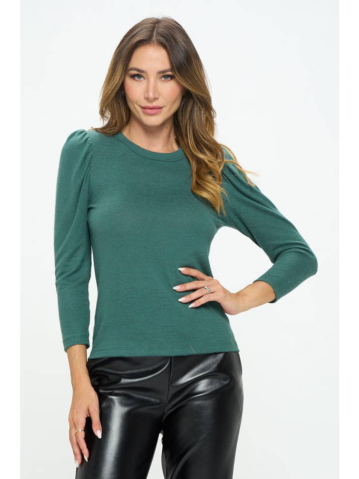 Great in Green - Brushed Knit Top with Puff Sleeve