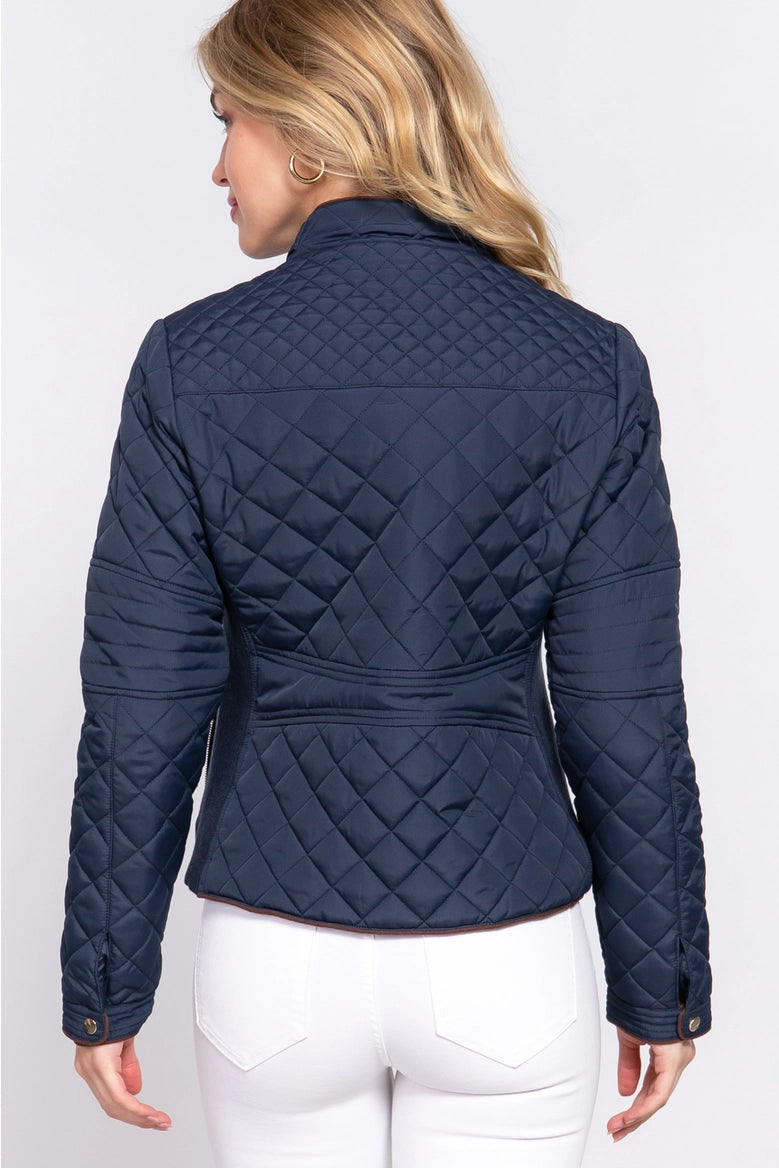 Active Basic Suede Piping Detail Rib Quilted Padding Jacket