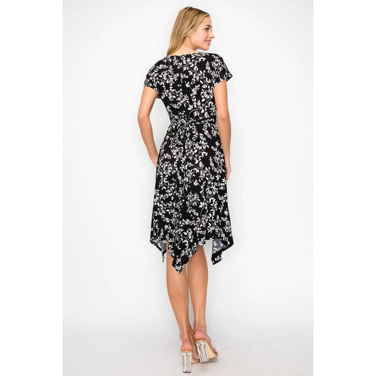 Perseption Printed Rouched Waist Hanky Hem Short Sleeve Dress