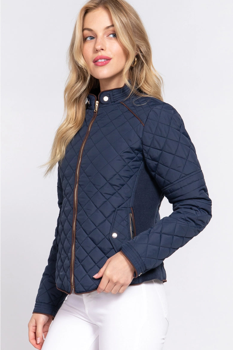 Active Basic Suede Piping Detail Rib Quilted Padding Jacket